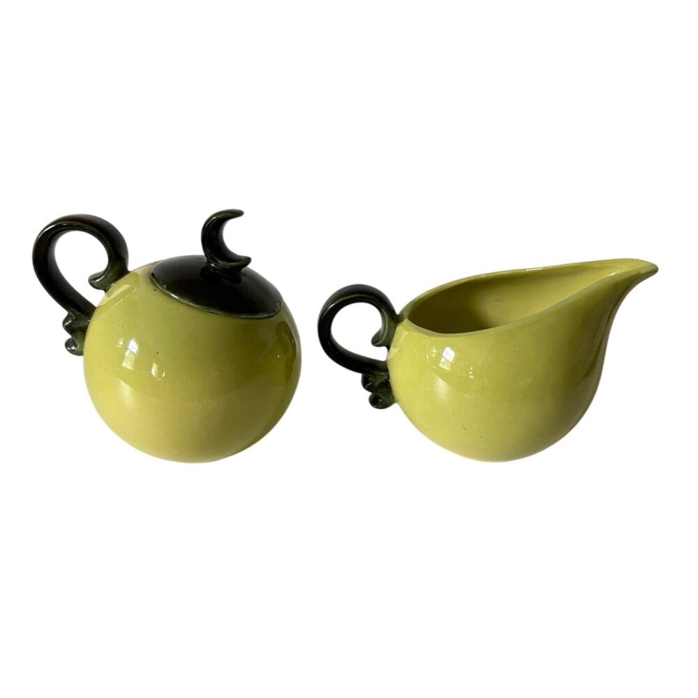 Vintage Hull Pottery USA Green Art Pottery Creamer And Sugar Bowl Set MCM